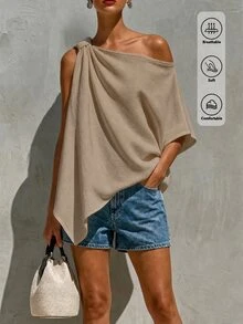 SHEIN Holidaya 女款素色百褶休閒百搭日常度假襯衫 米色 夏季 - 卡其色 - 查看 4