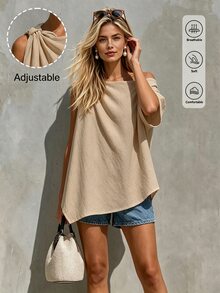 SHEIN Holidaya 女款素色百褶休閒百搭日常度假襯衫 米色 夏季 - 卡其色 - 查看 3