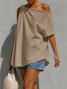SHEIN Holidaya 女款素色百褶休閒百搭日常度假襯衫 米色 夏季 - 卡其色 - 查看 5