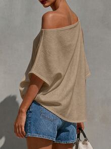 SHEIN Holidaya 女款素色百褶休閒百搭日常度假襯衫 米色 夏季 - 卡其色 - 查看 2