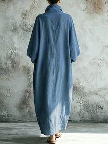 Trelyra 女款休閒端莊優雅復古寬鬆顯瘦灰藍色洋裝，極簡修身度假洋裝，適合早午餐與秋季日常穿著 - 水藍色 - 查看 3