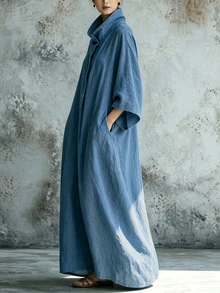 Trelyra 女款休閒端莊優雅復古寬鬆顯瘦灰藍色洋裝，極簡修身度假洋裝，適合早午餐與秋季日常穿著 - 水藍色 - 查看 6