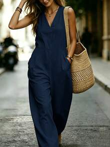SHEIN Women's Summer Sleeveless V-Neck Linen Jumpsuit, Loose Wide Leg Casual One-Piece, French Slouchy Vacation Jumpsuit - Navy Blue - View 1