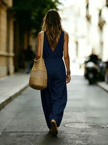 SHEIN Women's Summer Sleeveless V-Neck Linen Jumpsuit, Loose Wide Leg Casual One-Piece, French Slouchy Vacation Jumpsuit - Navy Blue - View 7