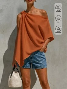 SHEIN Holidaya 女款露肩不對稱下擺度假風優雅休閒上衣 焦橙色 夏季 - 橘色 - 查看 4