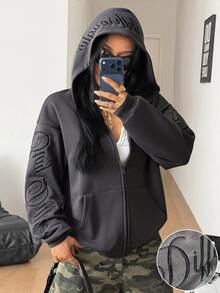 Coolane 男女款秋冬街頭風 Y2K 休閒復古運動外出圖案刺繡深灰色寬鬆連帽長袖衛衣 - 深灰色 - 查看 1