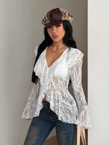 Coolane Jaket Wanita Musim Gugur Nyaman Elastis Hangat / Musim Dingin Chic Kasual Streetwear Putih Transparan Motif Bunga Renda Ruffle Trim V Dalam Ikat Depan Romantis Berlapis - Putih - View 5