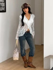Coolane Jaket Wanita Musim Gugur Nyaman Elastis Hangat / Musim Dingin Chic Kasual Streetwear Putih Transparan Motif Bunga Renda Ruffle Trim V Dalam Ikat Depan Romantis Berlapis - Putih - View 3