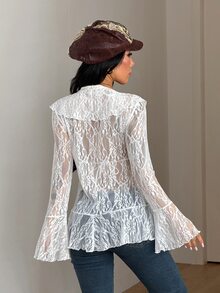 Coolane Jaket Wanita Musim Gugur Nyaman Elastis Hangat / Musim Dingin Chic Kasual Streetwear Putih Transparan Motif Bunga Renda Ruffle Trim V Dalam Ikat Depan Romantis Berlapis - Putih - View 7