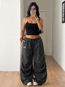 Coolane Women's Plus Size Fall Going Out Holiday Outfit Casual Streetwear Mid Rise Wide Leg Elastic Waistband Pleated Pocket Leopard Print Grey Pants - Grey - View 4