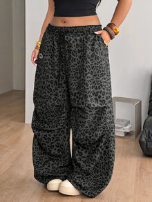 Coolane Women's Plus Size Fall Going Out Holiday Outfit Casual Streetwear Mid Rise Wide Leg Elastic Waistband Pleated Pocket Leopard Print Grey Pants - Grey - View 3