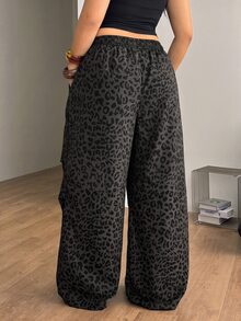 Coolane Women's Plus Size Fall Going Out Holiday Outfit Casual Streetwear Mid Rise Wide Leg Elastic Waistband Pleated Pocket Leopard Print Grey Pants - Grey - View 6