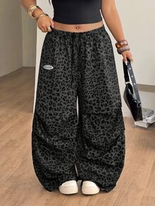 Coolane Women's Plus Size Fall Going Out Holiday Outfit Casual Streetwear Mid Rise Wide Leg Elastic Waistband Pleated Pocket Leopard Print Grey Pants - Grey - View 1