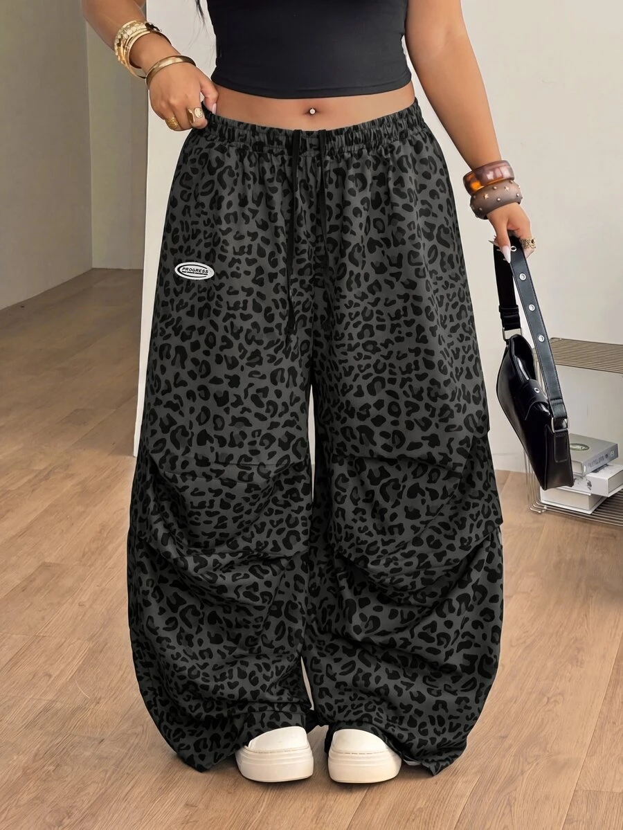 Coolane Women's Plus Size Fall Going Out Holiday Outfit Casual Streetwear Mid Rise Wide Leg Elastic Waistband Pleated Pocket Leopard Print Grey Pants - Grey - View 1
