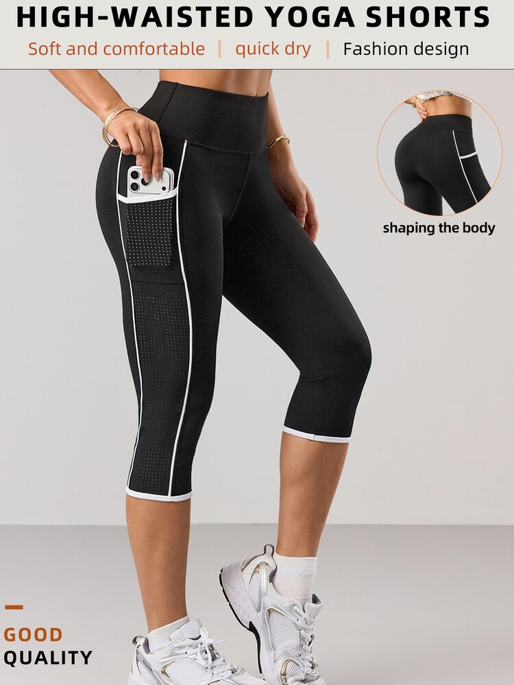 SHEIN Women's 7/8 Mesh Pocket Patchwork Sports Leggings - Black - View 1