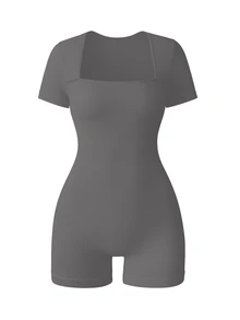 Slayform Slayform Seamless Ribbed High Elasticity Yoga Sporty Athleisure Sports Romper Gym Workout Grey Summer - Light Grey - View 4