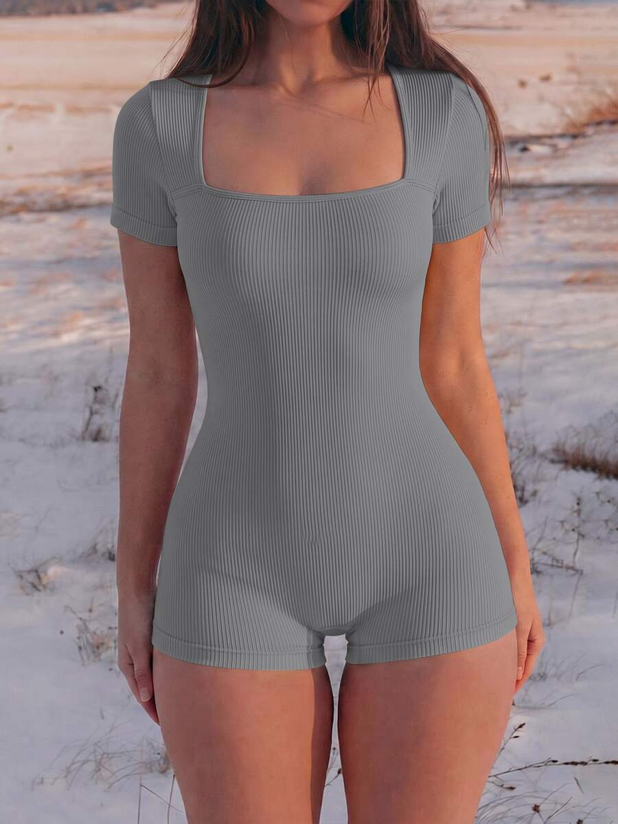 Slayform Slayform Seamless Ribbed High Elasticity Yoga Sporty Athleisure Sports Romper Gym Workout Grey Summer - Light Grey - View 1
