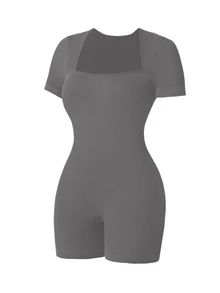 Slayform Slayform Seamless Ribbed High Elasticity Yoga Sporty Athleisure Sports Romper Gym Workout Grey Summer - Light Grey - View 5