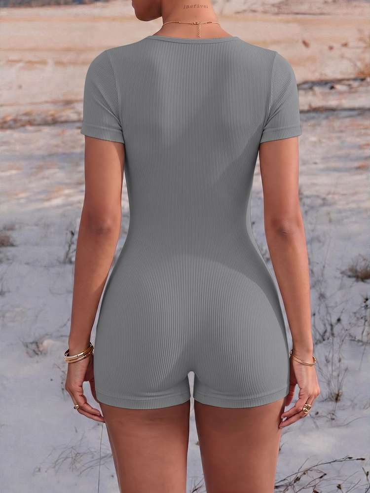 Easithlete Easithlete Seamless Ribbed High Elasticity Yoga Sporty Athleisure Sports Romper Gym Workout Grey Summer - Light Grey - View 2