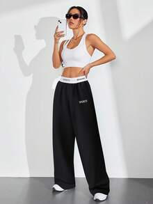 SHEIN Sports Patchwork Tape Casual Wide Leg Sports Pants Workout Clothes Women - Black - View 4