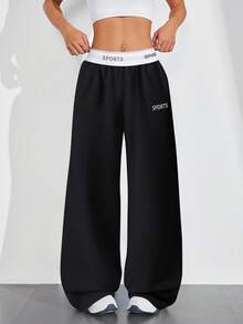 SHEIN Sports Patchwork Tape Casual Wide Leg Sports Pants Workout Clothes Women - Black - View 2
