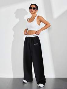 SHEIN Sports Patchwork Tape Casual Wide Leg Sports Pants Workout Clothes Women - Black - View 8