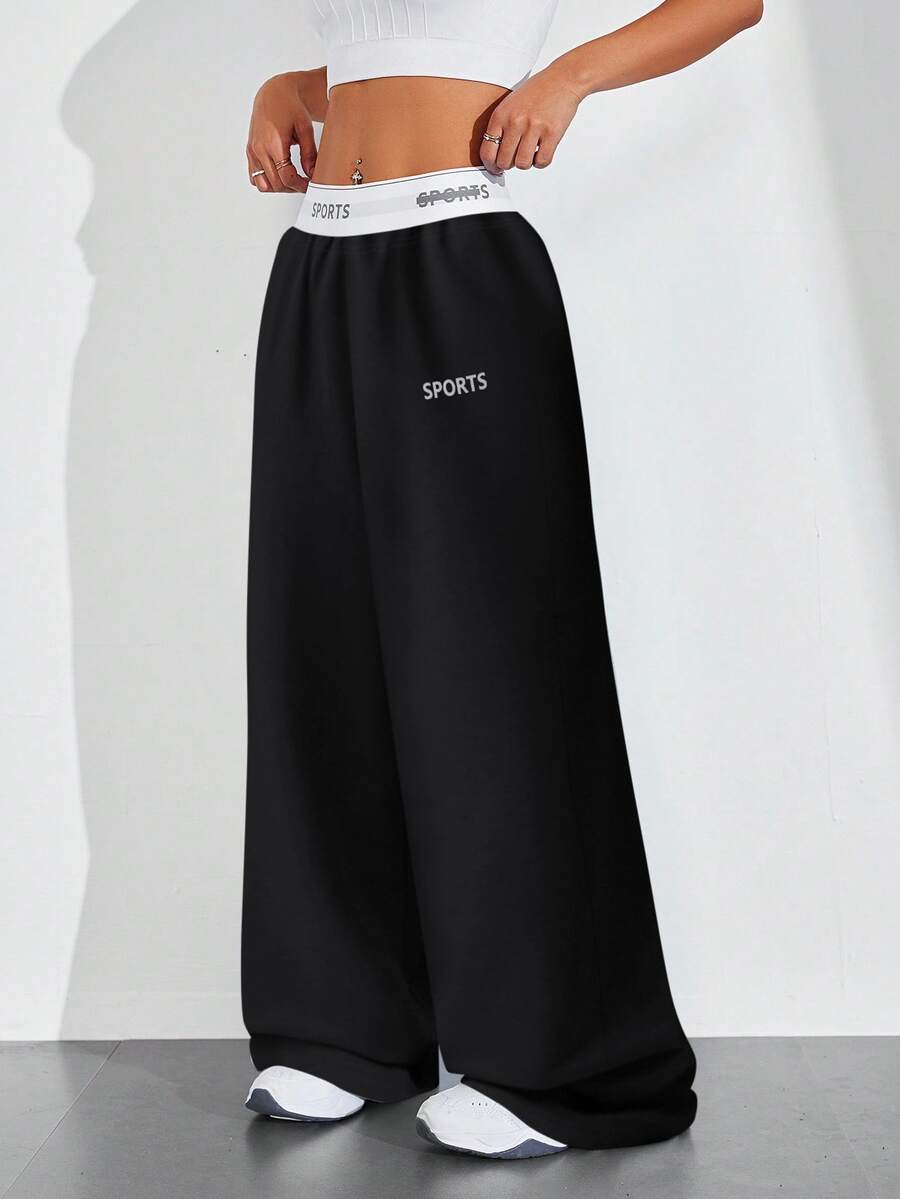 SHEIN Sports Patchwork Tape Casual Wide Leg Sports Pants Workout Clothes Women - Black - View 1