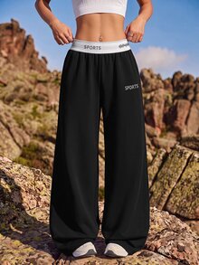 SHEIN Sports Patchwork Tape Casual Wide Leg Sports Pants Workout Clothes Women - Black - View 3
