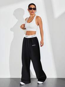 SHEIN Sports Patchwork Tape Casual Wide Leg Sports Pants Workout Clothes Women - Black - View 5