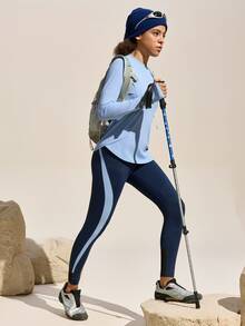 SHEIN Sports Exploreva 女士户外长袖运动T恤，带侧袋，适合户外运动、跑步、健身和瑜伽 - 藍色 - 查看 5