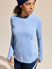 SHEIN Sports Exploreva 女士户外长袖运动T恤，带侧袋，适合户外运动、跑步、健身和瑜伽 - 藍色 - 查看 4