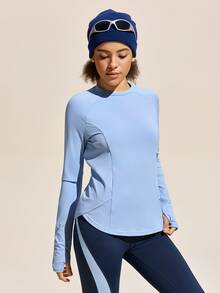 SHEIN Sports Exploreva 女士户外长袖运动T恤，带侧袋，适合户外运动、跑步、健身和瑜伽 - 藍色 - 查看 6