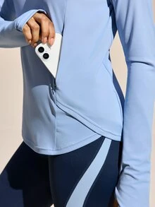 SHEIN Sports Exploreva 女士户外长袖运动T恤，带侧袋，适合户外运动、跑步、健身和瑜伽 - 藍色 - 查看 1