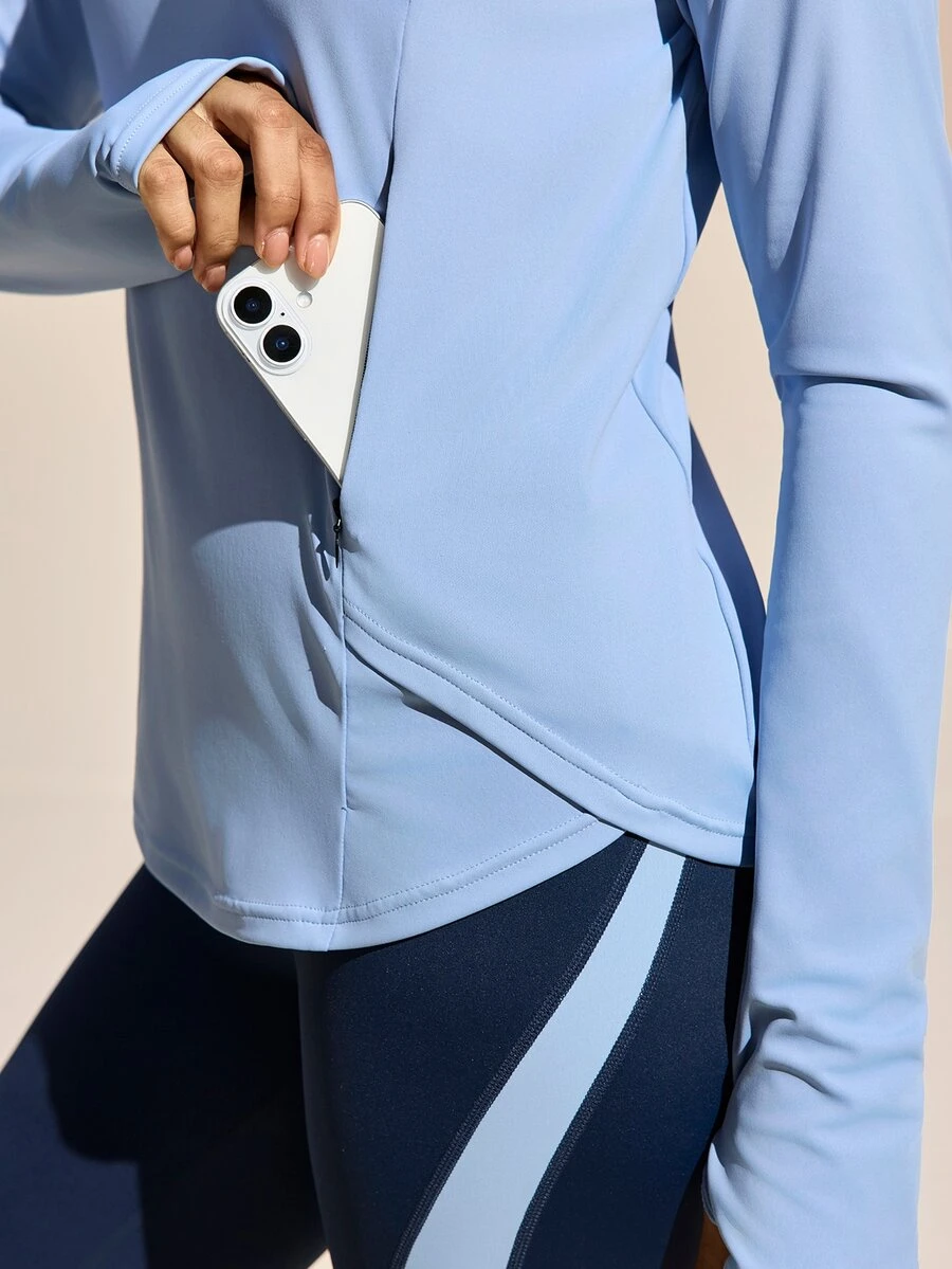 SHEIN Sports Exploreva 女士户外长袖运动T恤,带侧袋,适合户外运动、跑步、健身和瑜伽 - 藍色 - 查看 1