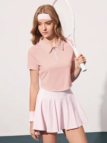 Courtclass 女士纯色短袖 Polo 衫 - 半拉链撞色运动上衣，适合网球、高尔夫训练、跑步和健身 - 粉色 - 查看 7