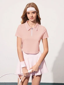 Courtclass 女士纯色短袖 Polo 衫 - 半拉链撞色运动上衣，适合网球、高尔夫训练、跑步和健身 - 粉色 - 查看 4