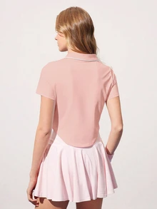 Courtclass 女士纯色短袖 Polo 衫 - 半拉链撞色运动上衣，适合网球、高尔夫训练、跑步和健身 - 粉色 - 查看 6