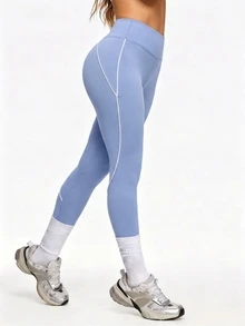 Eassivo Eassivo Contrast Trim Seamless Sports Leggings - Baby Blue - View 6