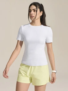 SHEIN Sports 女士纯色网眼拼接户外T恤 - 白色 - 查看 5