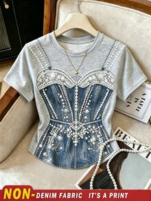Resyla 2026 Autumn/Winter New Style Loose-Fitting Fashionable Bead-Imitating Denim Print T-Shirt Short-Sleeve Top For Women - High-Class, Unconventional New - Multicolor - View 1