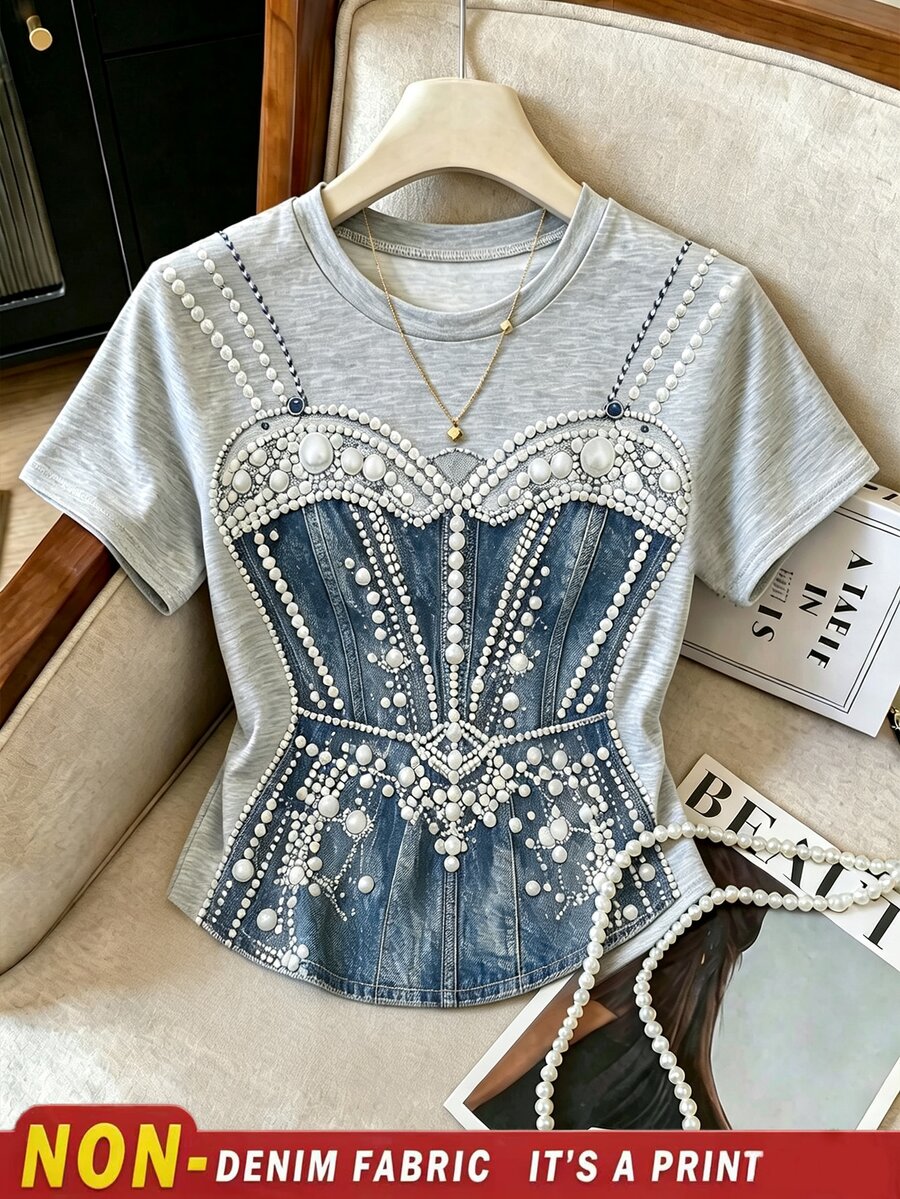 Resyla 2026 Autumn/Winter New Style Loose-Fitting Fashionable Bead-Imitating Denim Print T-Shirt Short-Sleeve Top For Women - High-Class, Unconventional New - Multicolor - View 1
