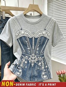Resyla 2026 Autumn/Winter New Style Loose-Fitting Fashionable Bead-Imitating Denim Print T-Shirt Short-Sleeve Top For Women - High-Class, Unconventional New - Multicolor - View 7