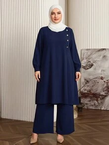 Graceveil Navy Blue Muslim Plus Size 2 Pieces Set Minimalist Elegant Abaya Outfit Long Sleeve Long Top Wide Leg Pants Prayer Dress Evening Autumn - Royal Blue - View 9