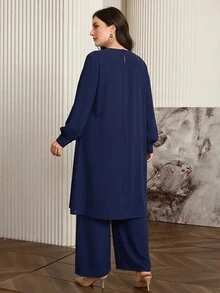 Graceveil Navy Blue Muslim Plus Size 2 Pieces Set Minimalist Elegant Abaya Outfit Long Sleeve Long Top Wide Leg Pants Prayer Dress Evening Autumn - Royal Blue - View 3