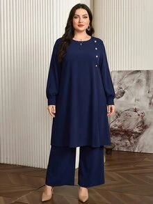 Graceveil Navy Blue Muslim Plus Size 2 Pieces Set Minimalist Elegant Abaya Outfit Long Sleeve Long Top Wide Leg Pants Prayer Dress Evening Autumn - Royal Blue - View 7