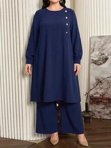 Graceveil Navy Blue Muslim Plus Size 2 Pieces Set Minimalist Elegant Abaya Outfit Long Sleeve Long Top Wide Leg Pants Prayer Dress Evening Autumn - Royal Blue - View 4