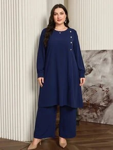 Graceveil Navy Blue Muslim Plus Size 2 Pieces Set Minimalist Elegant Abaya Outfit Long Sleeve Long Top Wide Leg Pants Prayer Dress Evening Autumn - Royal Blue - View 5