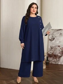 Graceveil Navy Blue Muslim Plus Size 2 Pieces Set Minimalist Elegant Abaya Outfit Long Sleeve Long Top Wide Leg Pants Prayer Dress Evening Autumn - Royal Blue - View 6