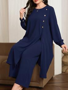 Graceveil Navy Blue Muslim Plus Size 2 Pieces Set Minimalist Elegant Abaya Outfit Long Sleeve Long Top Wide Leg Pants Prayer Dress Evening Autumn - Royal Blue - View 2