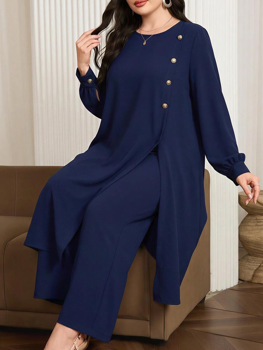 Graceveil Navy Blue Muslim Plus Size 2 Pieces Set Minimalist Elegant Abaya Outfit Long Sleeve Long Top Wide Leg Pants Prayer Dress Evening Autumn